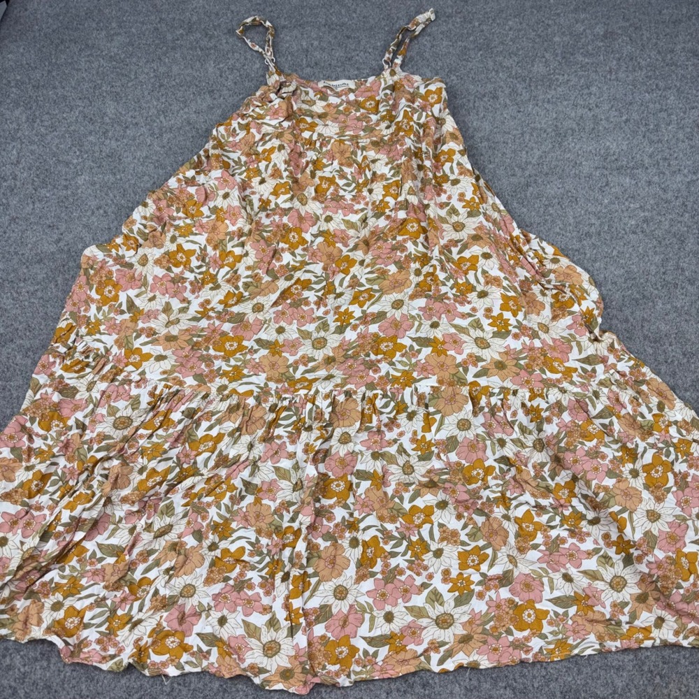 Impressions Floral Maxi Dress Womens Small Tan Pink Boho Tiered Sleeveless Rayon